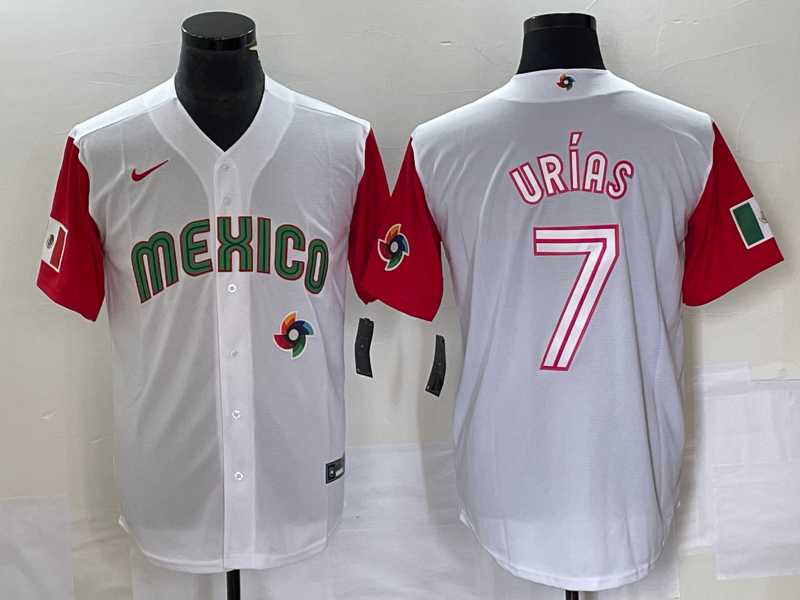 Men%27s Mexico Baseball #7 Julio Urias Number 2023 White Red World Classic Stitched Jersey 47